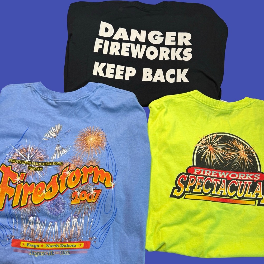 Lot of 3 Fireworks Graphic T Shirt 2XL XXL Mens Blue Green Pyrotechnics Y2K